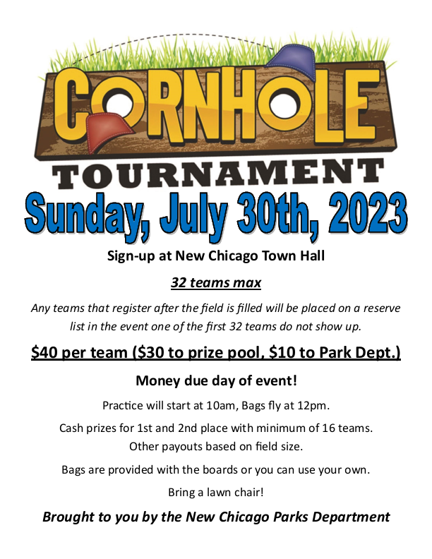 Cornhole tournament flyer. Tournament will be held Sunday, July 30th, 2023 at Twin Oaks Park. Practice will start at 10am. Tournament starts at 12pm. $40 per team. $30 to prize pool, $10 to parks department. Bags and boards provided or bring your own.