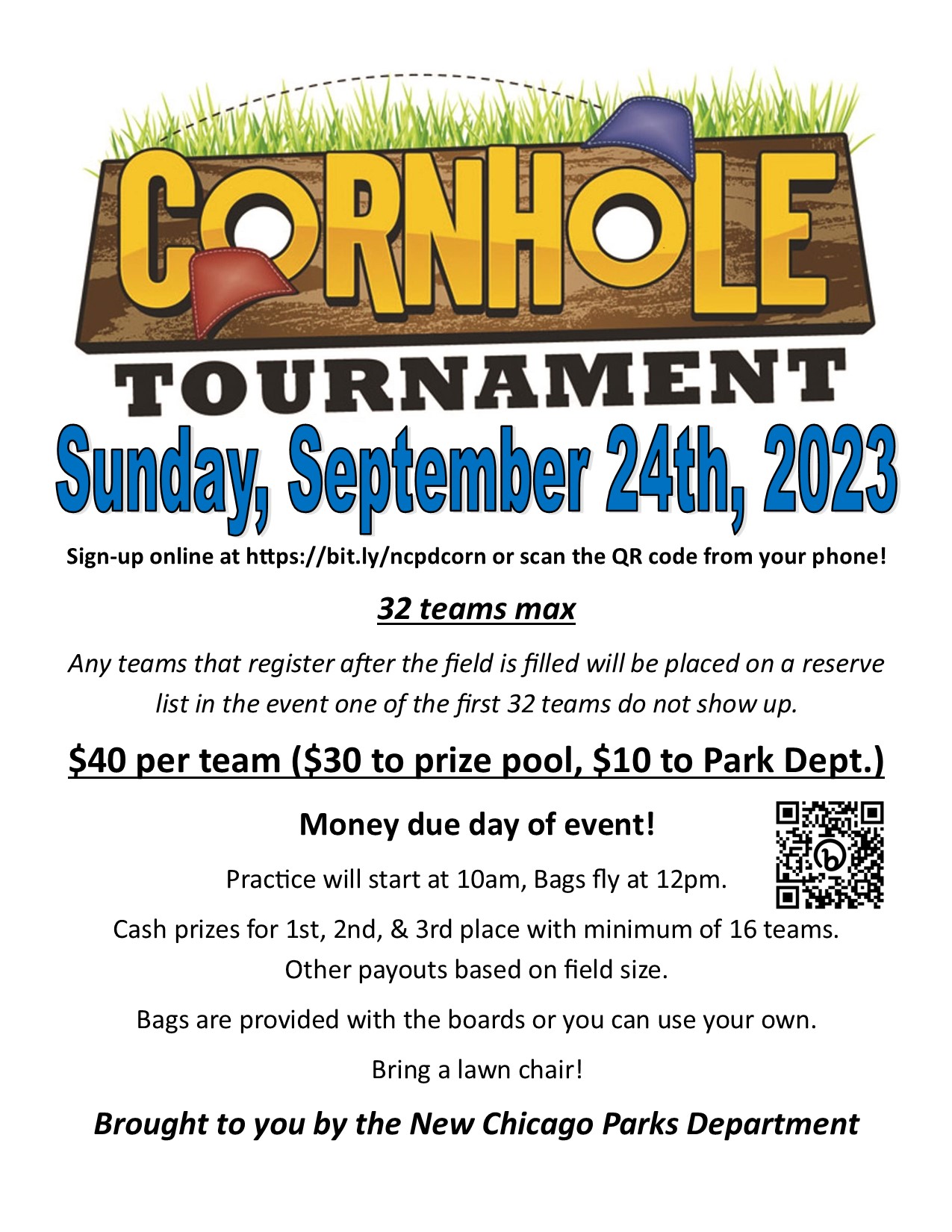 Flyer for September Cornhole Tournament $40 per team September 24, 2023 Practice Starts at 10am, Bags fly at 12pm